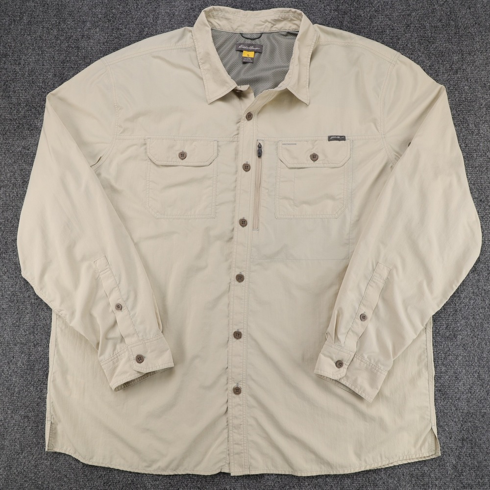 Eddie Bauer First Ascent Mens 2XL Khaki Ripstop Long Sleeve Hiking Guide Shirt